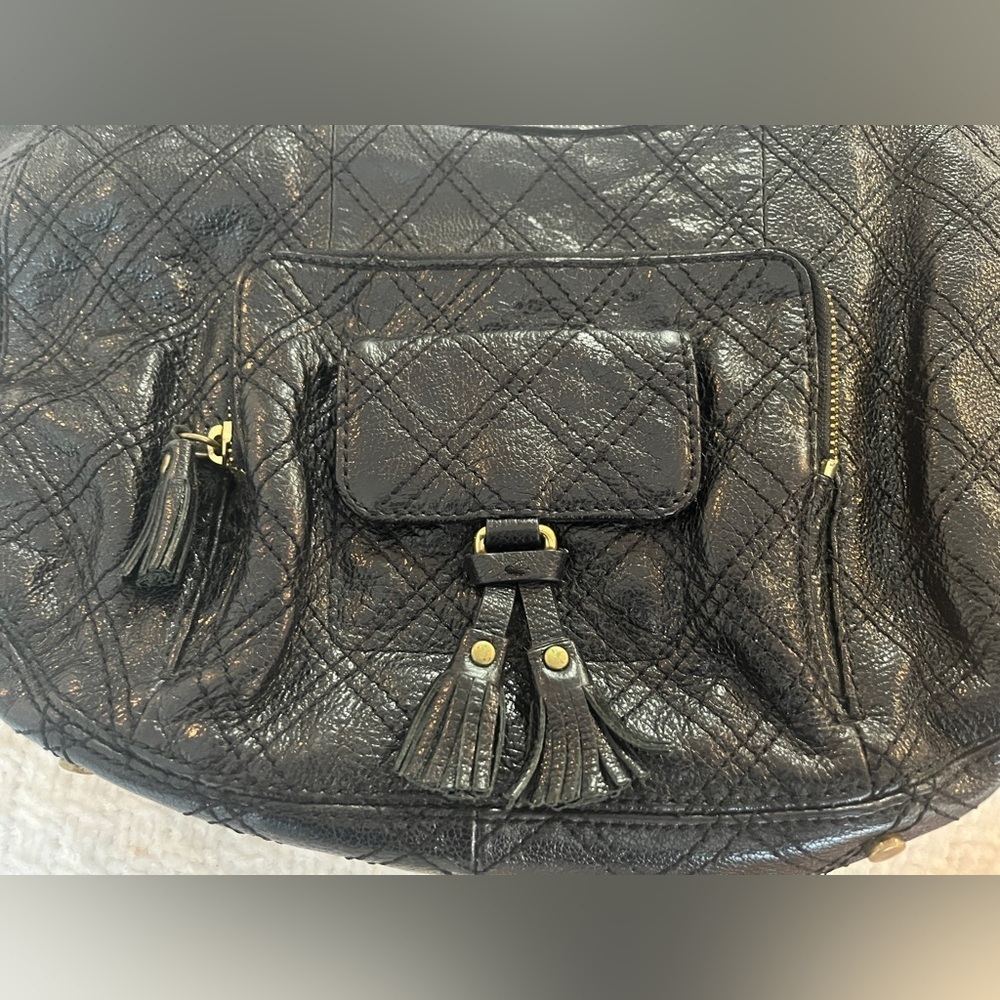 Antonio Melani Black Hobo Bag Quilted Leather Cargo Pockets Tassle Zips Shouder - Picture 4 of 11
